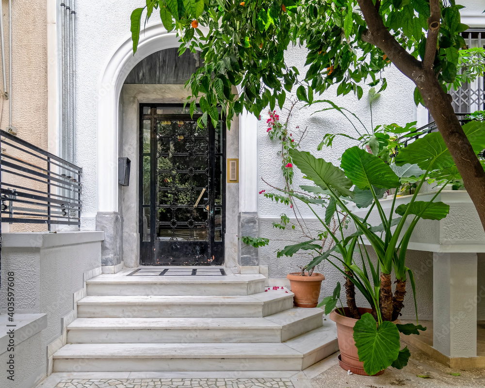 classic design residential building main entrance with marble stairs, arched door and potted plants