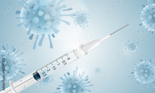 Covid 19 vaccine curing coronavirus - Science illustration design blue banner