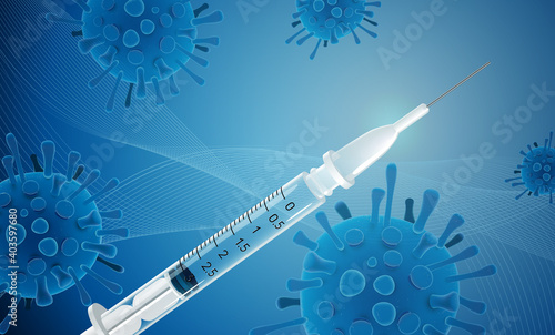 Covid 19 vaccine curing coronavirus - Science illustration design blue banner