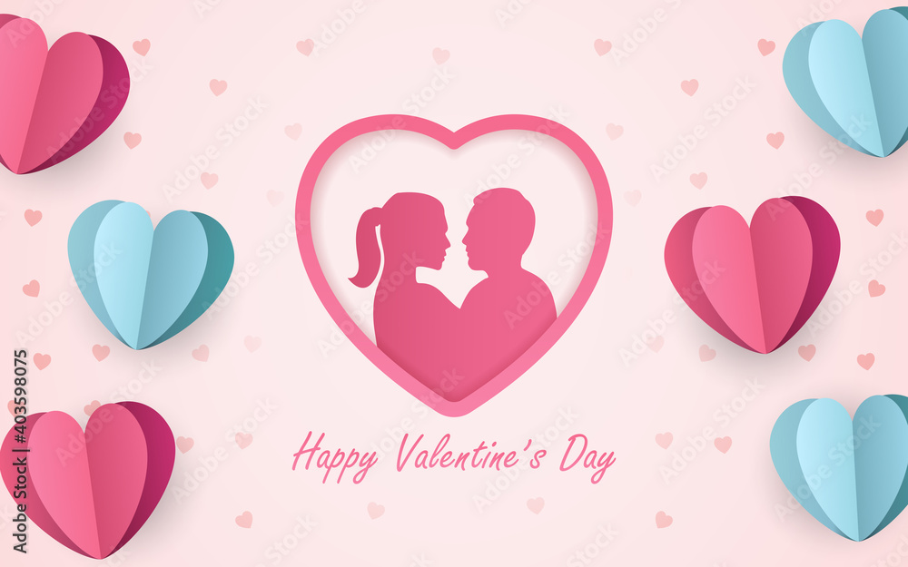 Silhouette couple man and woman kissing in heart shape paper cut design