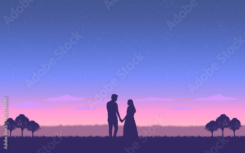 Silhouette couple man and woman holding hand together under evening sky with stars background