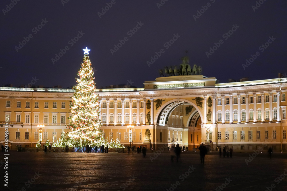 New year and christmas decoration with tall and beautiful fir tree on the Palace square of Saint Petersburg in Russia