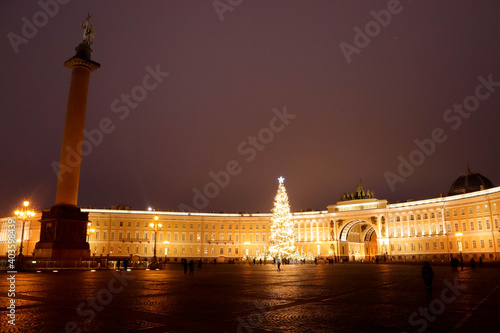 New year and christmas decoration with tall and beautiful fir tree on the Palace square of Saint Petersburg in Russia © Sergei Timofeev