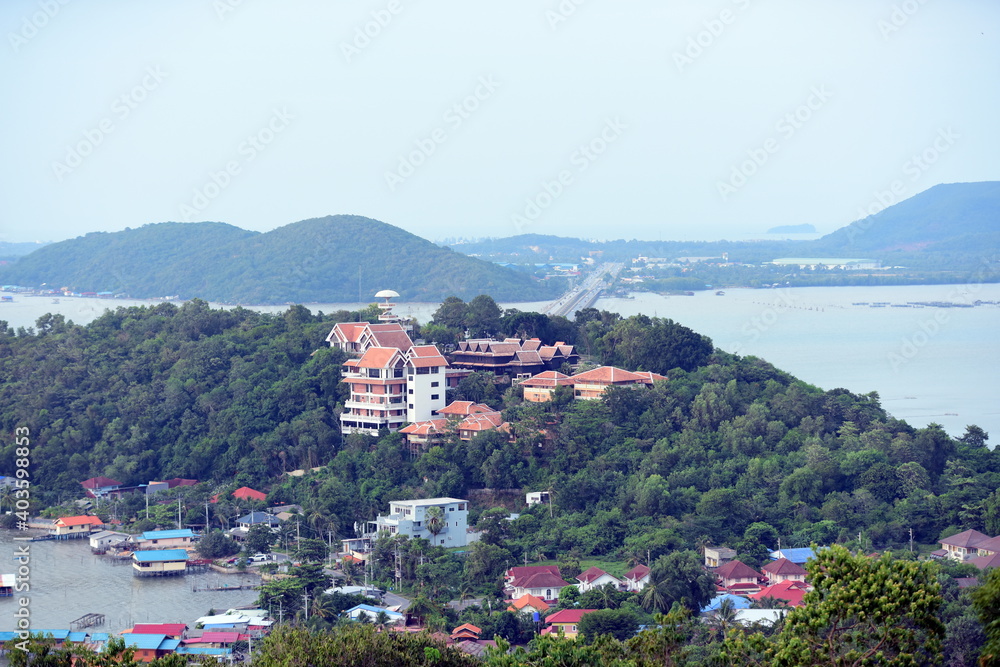 A bird's-eye view of the town and the fishing community. From the top of the mountain at the highest point of Koh Yor, Songkhla Province, Thailand