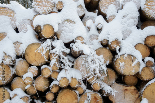 Mit Schnee bedeckte Baumstämme Stapel.