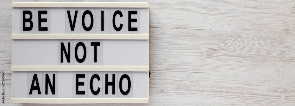 'Be voice not an echo' on a lightbox on a white wooden background, top view. Flat lay, overhead, from above. Space for text. 'Be voice not an echo' on a lightbox on a white wooden background, top view. Flat lay, overhead, from above. Space for text.