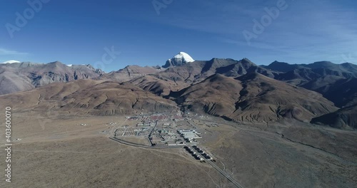 Aerial photo of Mount Kailash and its nearby towns