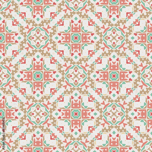 Abstract geometric seamless pattern in white gold red green .Vector. Use this pattern in the design of carpet, shawl, pillow, textile, ceramic tiles, surface.