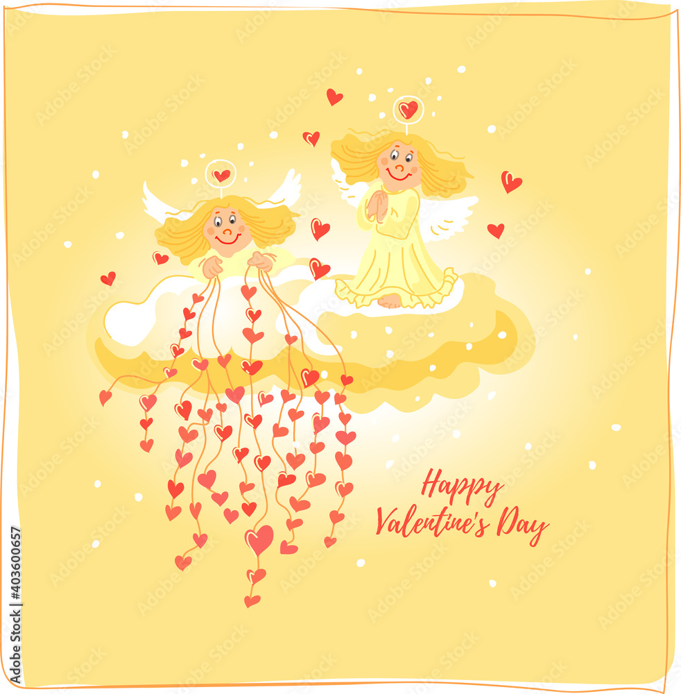 Two angels on a cloud around the hearts
Two angels on a cloud around the hearts