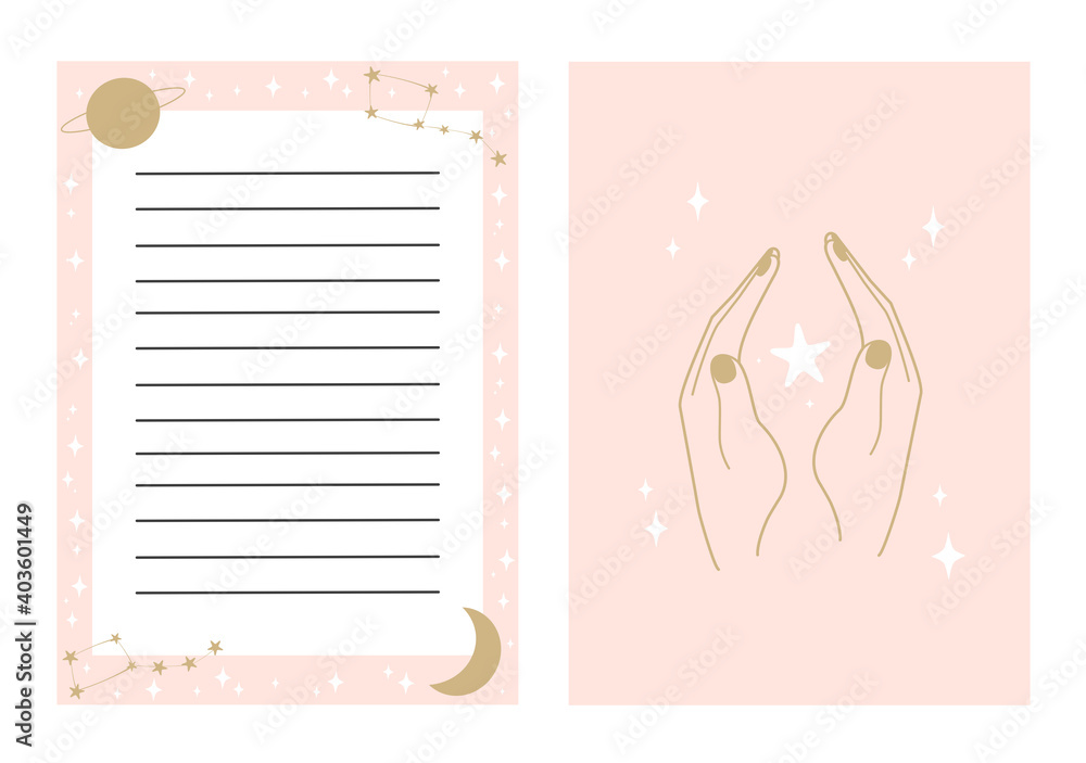 cute vector template for agenda with constellations, moon, planet and stars 