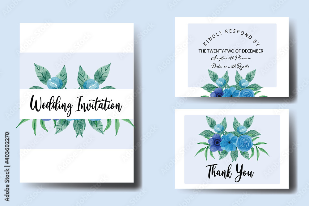 Wedding Invitation Blue Floral Elegant Flower Watercolor Design Vector

