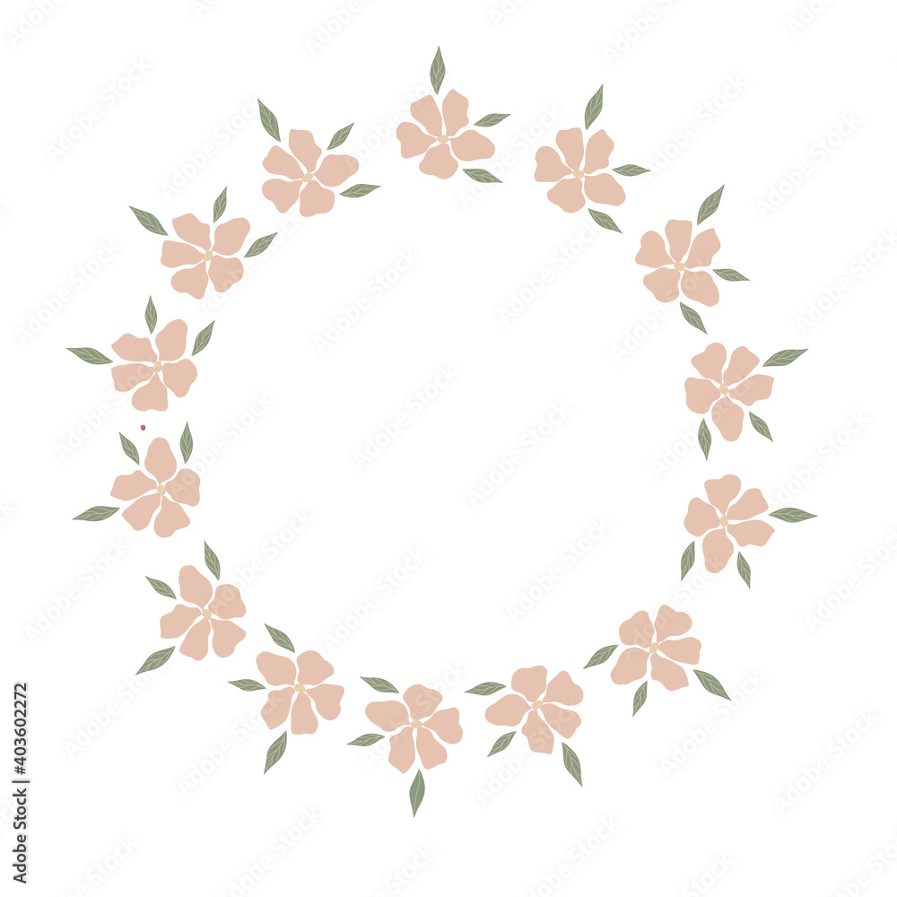 Hand draw vector flower wreath with pink daisies. For invitation and wedding card.Vector illustration design. Isolated white background.