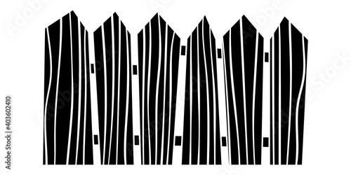 Fence black and white hand drawn illustration. Wooden planks for yard territory railing silhouette isolated on white background. Rural backyard boundary construction. Old timber hedge, ring-fence