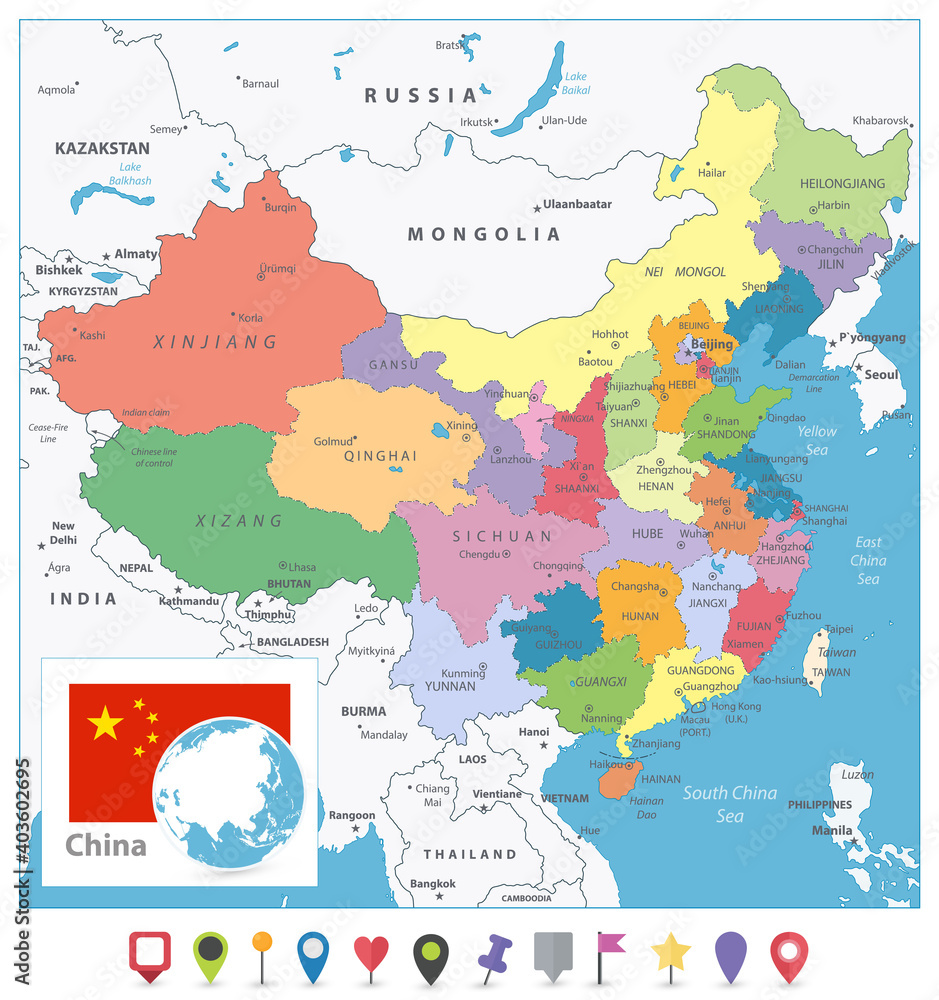 China Colored Map and Flat Pin Icons