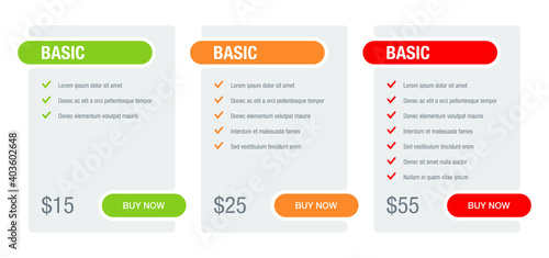 Tariff comparsion table block web chart template 