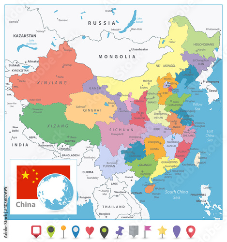 China Colored Map and Flat Pin Icons
