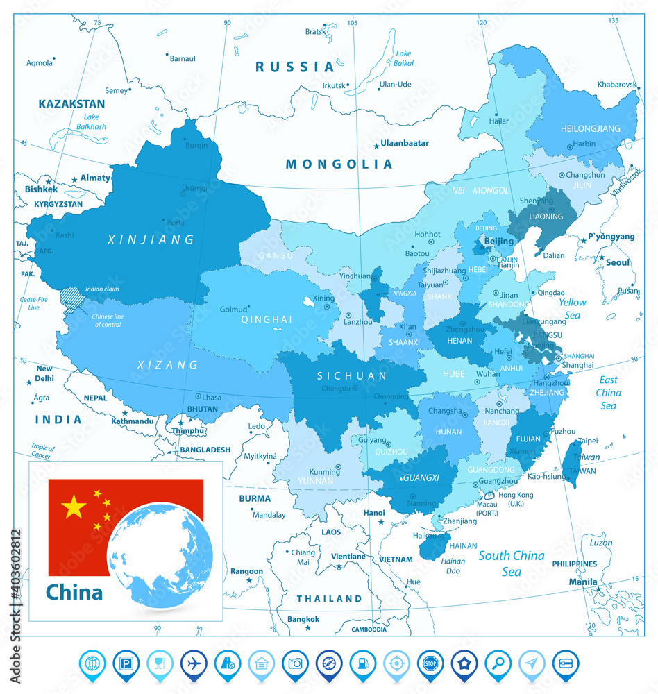 Fototapeta premium China Map and Map Pointers in Colors of Blue
