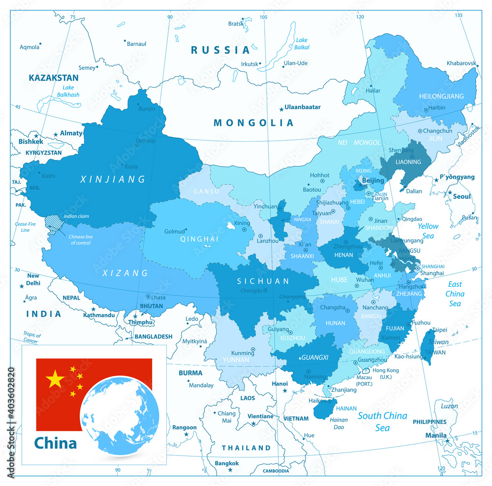 China Map in Colors of Blue
