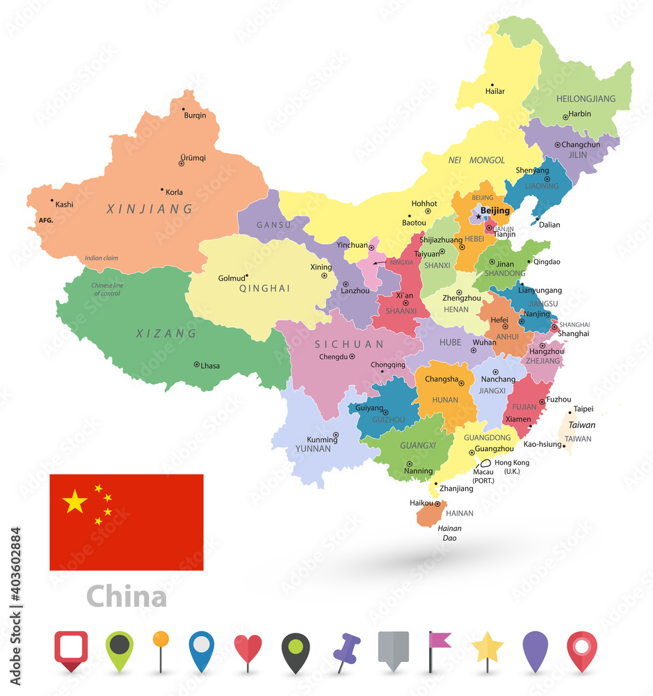 China Political Map Isolated on White and Flat Map Markers