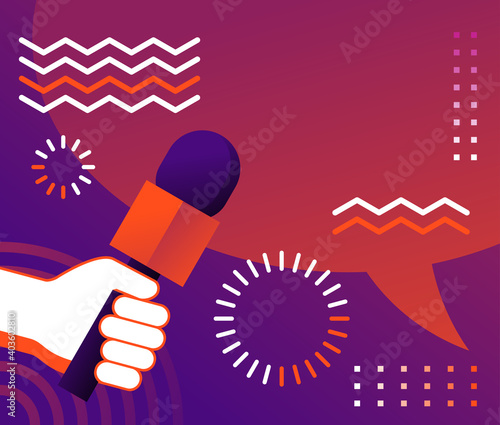 Hand holding microphone, Media interview, bubble