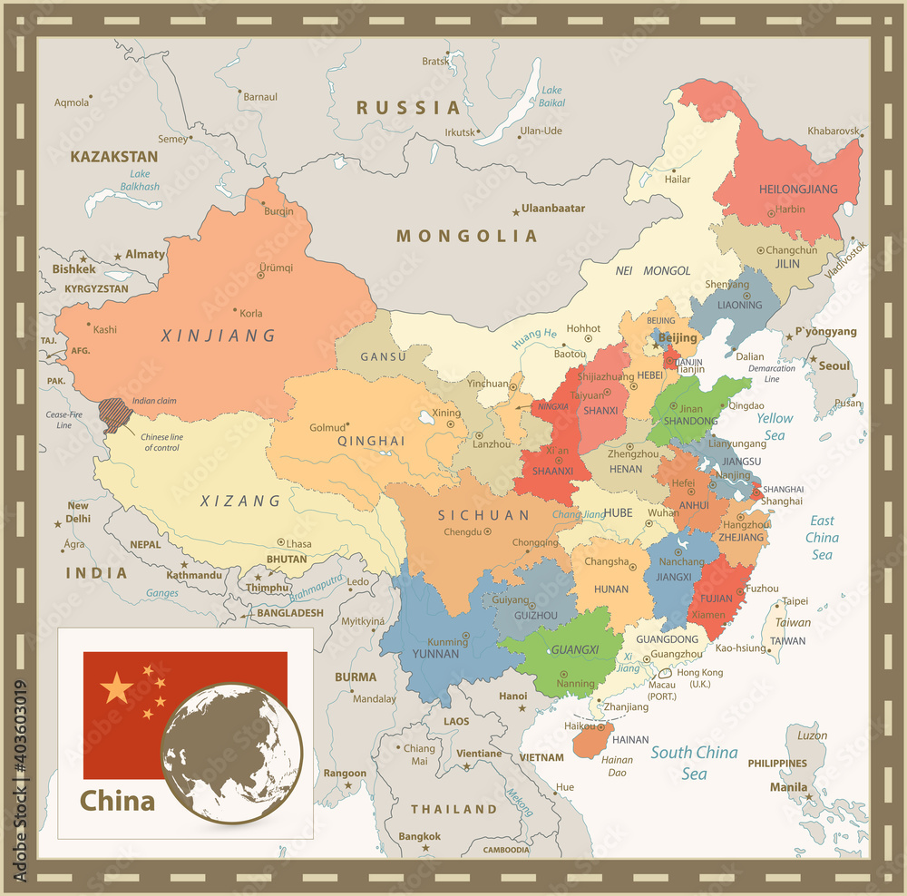 China Political Map. Retro Color