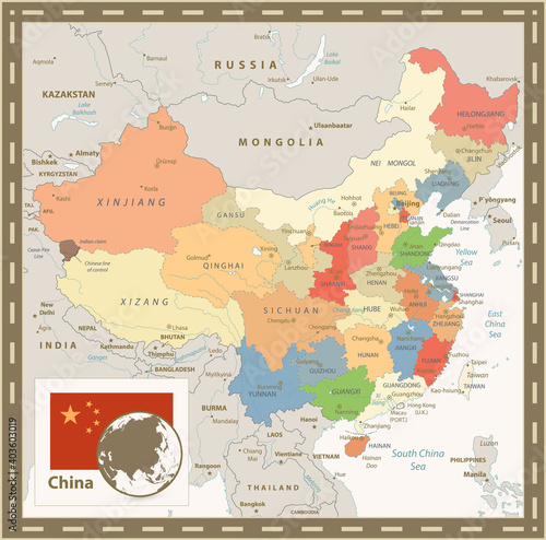 Fototapeta Naklejka Na Ścianę i Meble -  China Political Map. Retro Color