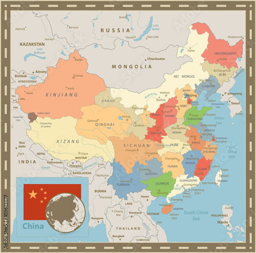 China Political Map. Vintage Color