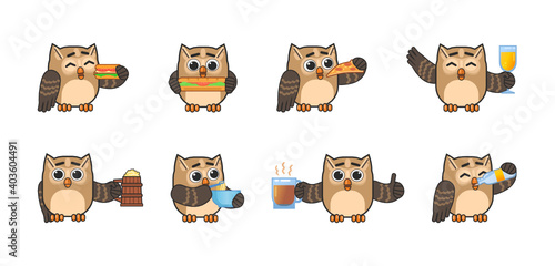 Set of cute owl characters eat and drink various fast food. Cheerful owl eat hamburger, pizza, drink juice, beer and showing other actions. Modern vector illustration