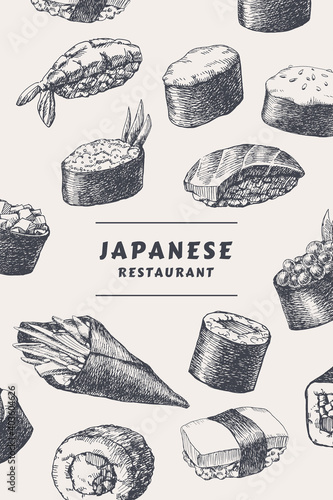 Big set of hand-drawn sushi and rolls on isolated background. Sushi with shrimp, baked sauce, vegetables, temaki. Retro background for menu of sushi bars, restaurants. Illustration in engraving style.