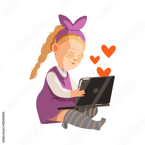 Cute Girl Sitting with Laptop in Social Media Vector Illustration