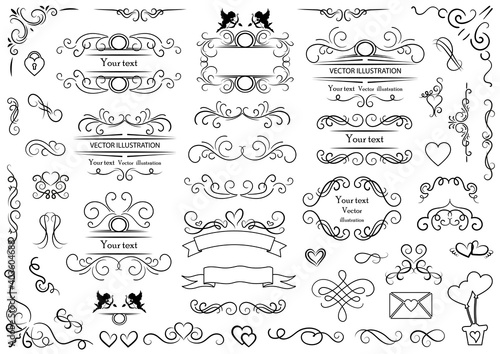 Calligraphic design elements . Decorative swirls and scrolls, vintage frames , flourishes, labels and dividers. Valentine's day special pack design elements. Retro vector illustration..