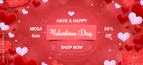 Valentine day sale banner background. Red hearts. Cute love banner or Valentines greeting card. Vector illustration.