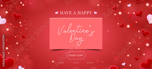 Valentine day sale banner background. Red hearts. Cute love banner or Valentines greeting card. Vector illustration.