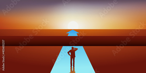 Concept de l’obstacle qui entrave la progression d’un homme dans sa carrière professionnelle, avec une crevasse qu’il doit franchir pour poursuivre sa voie.