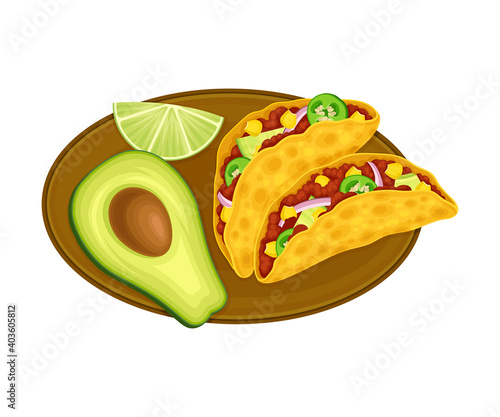 Folded Taco of Corn Tortilla with Savory Filling of Forced Meat and Condiments as Traditional Mexican Dish Vector Illustration