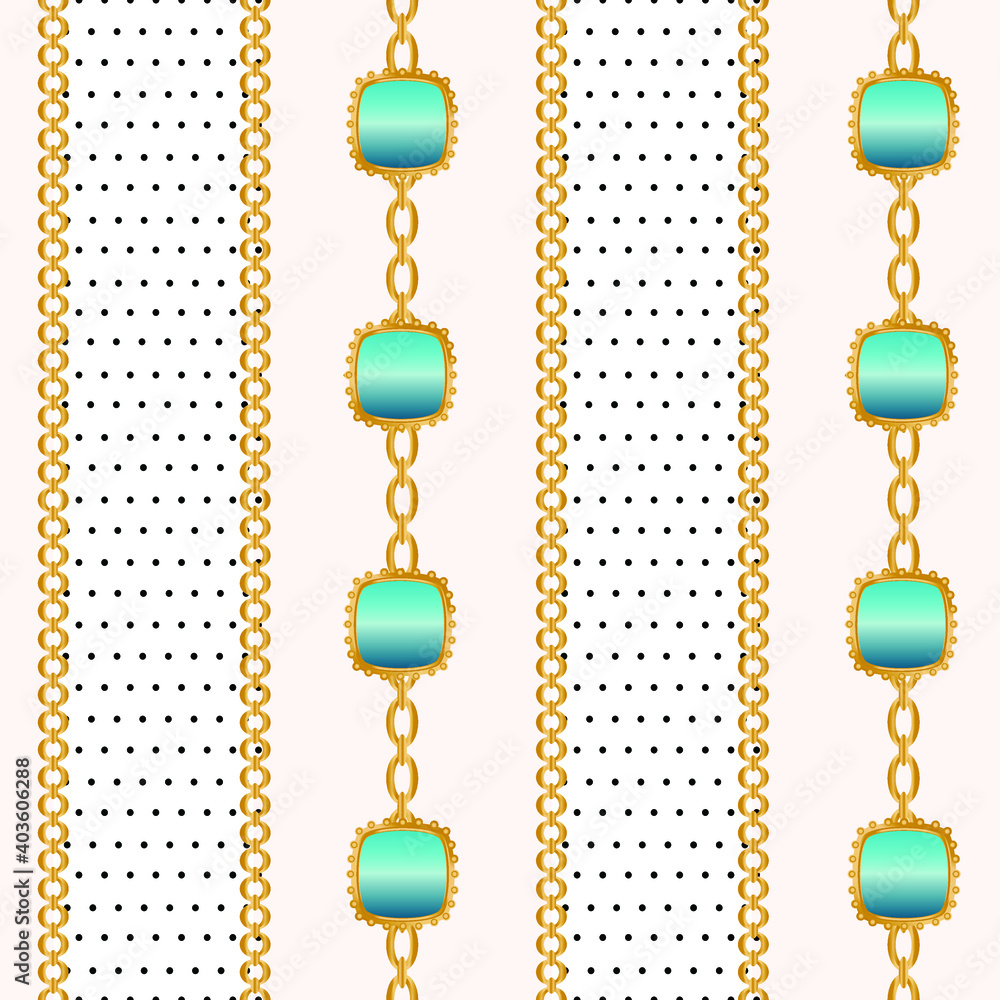 Seamless pattern decorated with precious stones, gold chains and pearls. Seamless pattern decorated with precious stones, gold chains and pearls.
