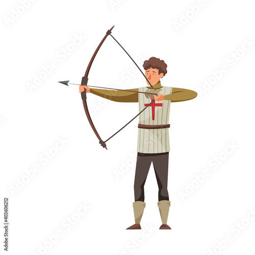 Medieval Man Archer with Bow and Arrow Vector Illustration