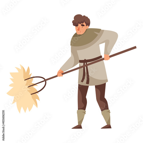 Young Medieval Male Peasant Carrying Hay with Rake Vector Illustration