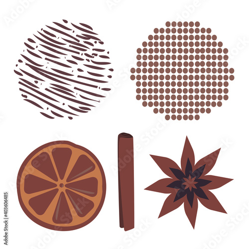 Set of textures, decoration, orange, slice, anise, cinnamon, spices