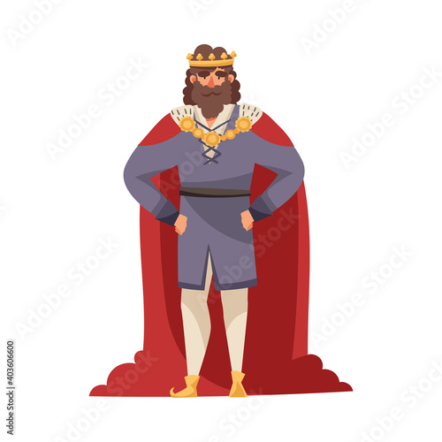 Medieval Bearded King with Crown Wearing Red Mantle Vector Illustration