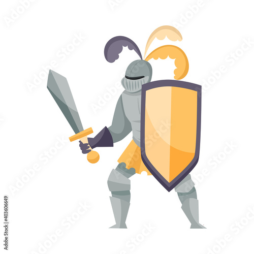 Knight from Middle Ages in Iron Armour Suit Holding Shield and Sharp Sword Vector Illustration