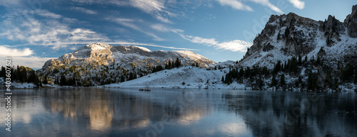 panoramic view of Seebergsee in early winter with Seehore in Diemtigtal