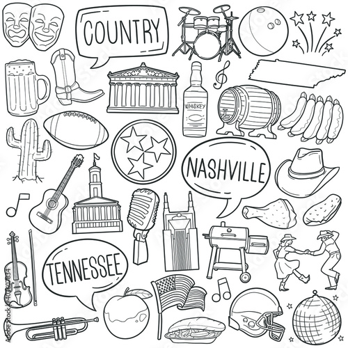 Nashville, TN, USA doodle icon set. American Traditional Folk Music Tools Vector illustration collection. Culture United States Hand drawn Line art style.
