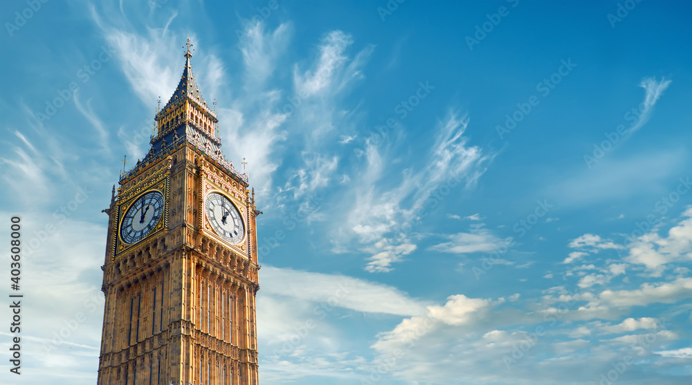 Big Ben Page De Garde Big Ben Clock Tower in London, UK, on a bright day. Panoramic