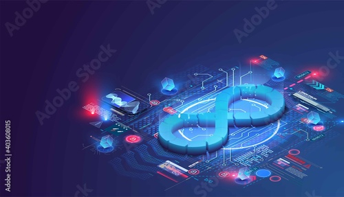 Devops software development operations infinity symbol. Web development concept in isometric design. Developing of internet app, online website service.  Landing page layout or banner template. Vector photo