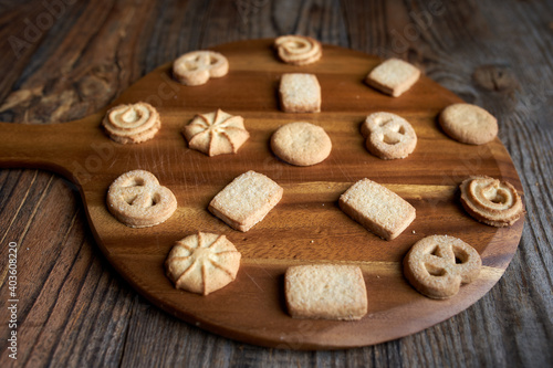 Butter biscuits on wooden board