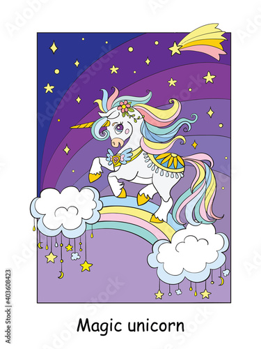 Cute unicorn flying in the night sky coloful