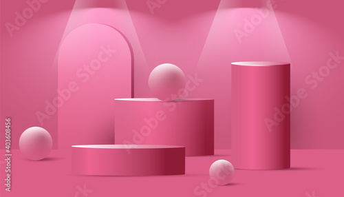 Abstract mock up scene with podium or platform, geometric bubble shapes and spotlight from above on pink background. Minimal banner with geometrical forms for product presentation. Vector illustration