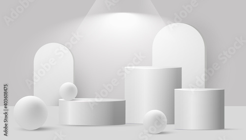 White cylinder template scene with podium or platform, bubble geometric shapes on grey background. Minimal banner with geometrical forms for product presentation. Vector illustration
