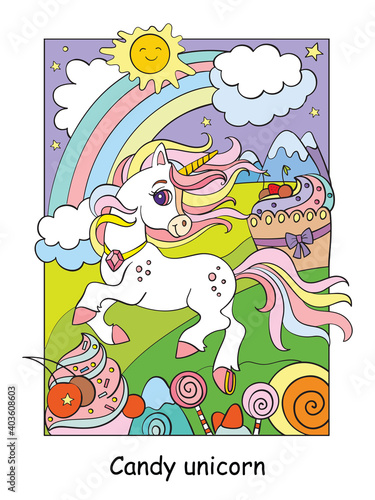 Cute unicorn on shugar land colorful vector © alinart